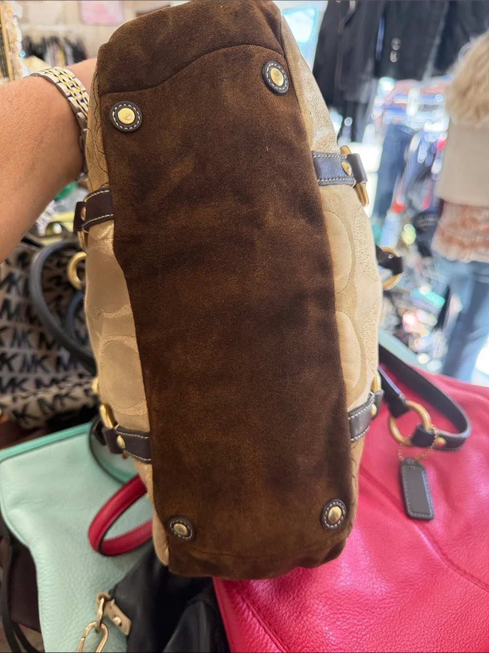 Coach Patchwork Signature Shoulder Tote in Metallic Gold and Brown Leather Trim